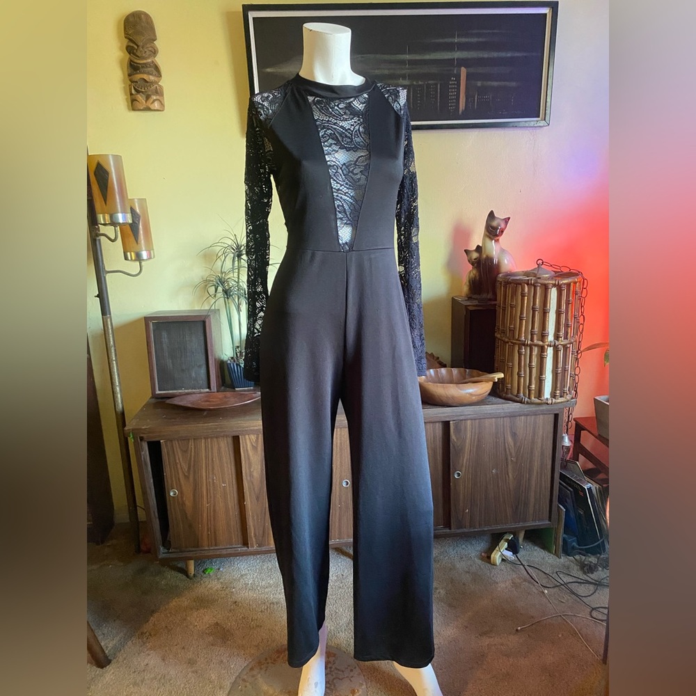 Ladies black lace pant jumpsuit elegant cocktail retro glamour vampy club goth